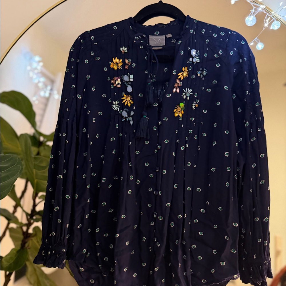 ANTHROPOLOGIE Floral Embroidered Navy Blouse